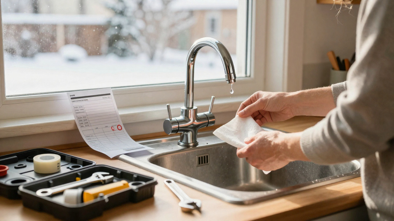 Person drying hands with a cloth beside a dripping kitchen sink with tools and a checklist on the counter.