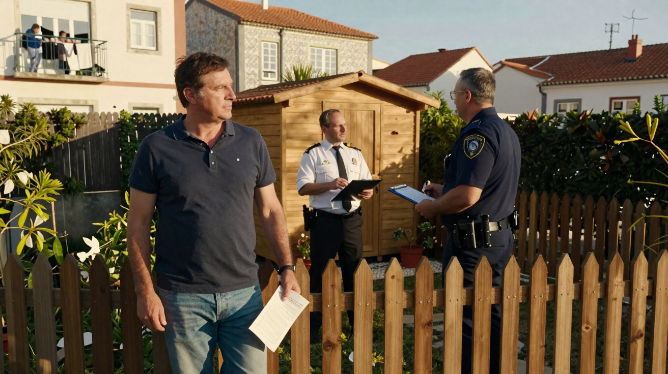Man holding paper near two officers talking by a wooden shed in a residential garden during daytime.