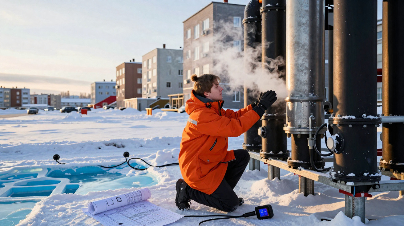 Person in an orange jacket warming hands by industrial pipes releasing steam in a snowy urban environment.