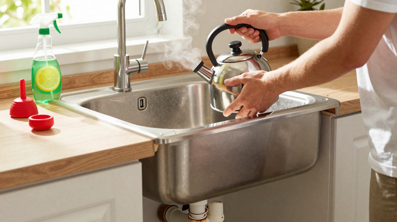 Person holding a steaming kettle over a kitchen sink with cleaning spray and plungers on the counter.