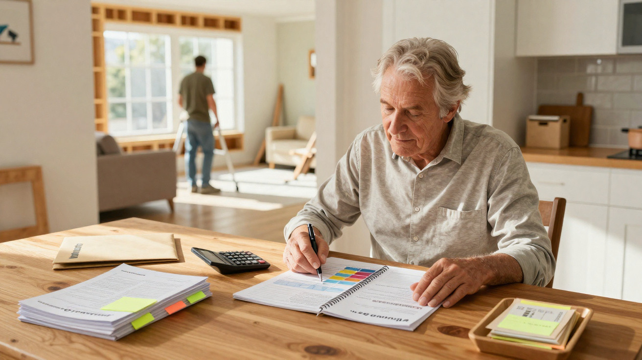 Elderly man working with documents and colour charts at a wooden table in a bright home kitchen.