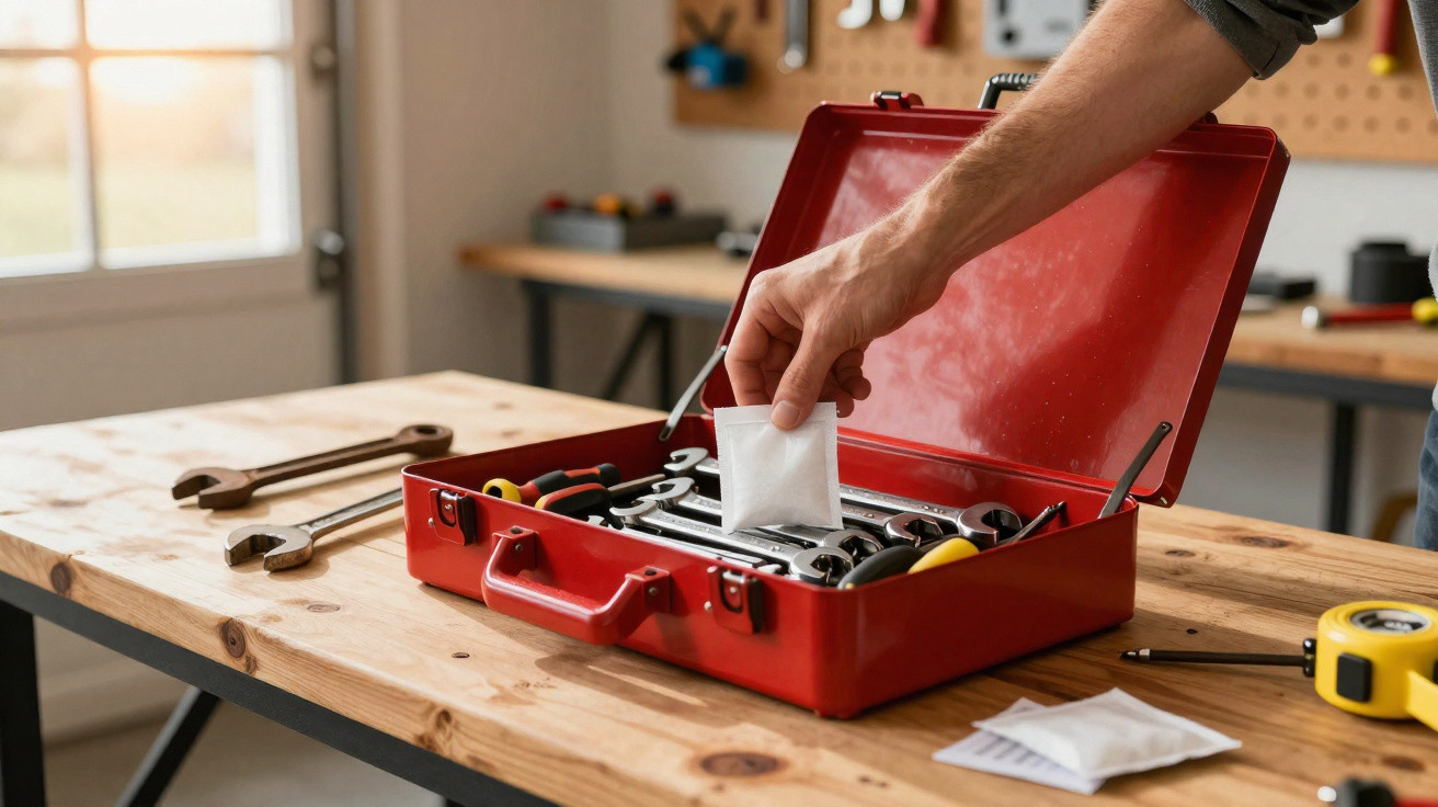Hand placing a small white packet into an open red toolbox with wrenches on a wooden workbench.
