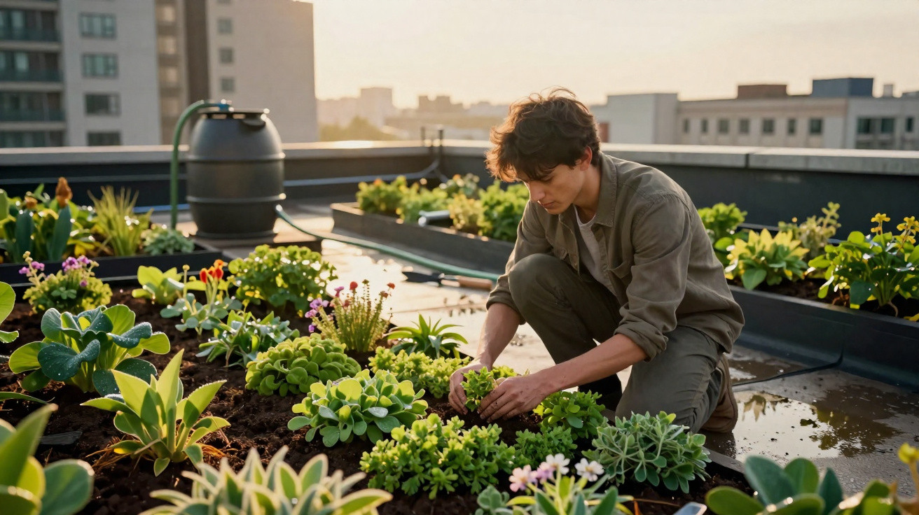 Young man tending to plants in a rooftop garden with city buildings in the background at sunset.