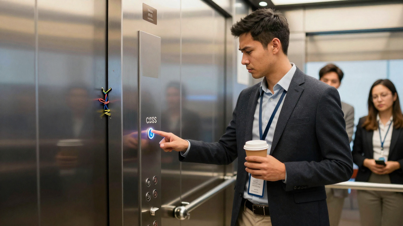 Man in smart casual clothes holding coffee pressing elevator button while two people wait behind him.