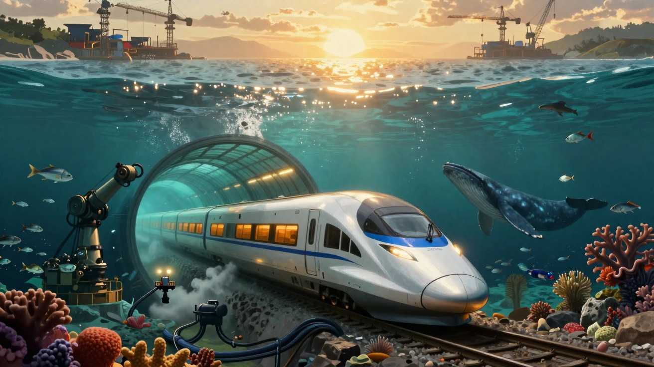 High-speed train emerging from underwater tunnel surrounded by marine life and coral at sunset.