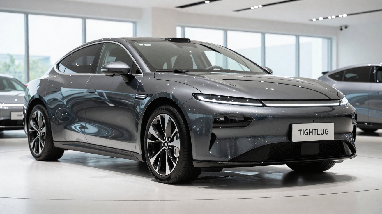 Sleek grey electric sedan displayed indoors with modern headlights and aerodynamic design.