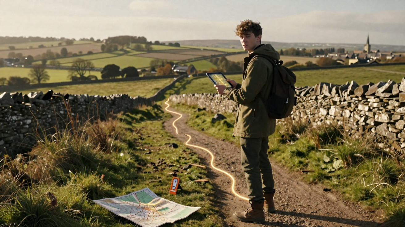 Young man with backpack using a tablet on a countryside path with a paper map and stone walls nearby.
