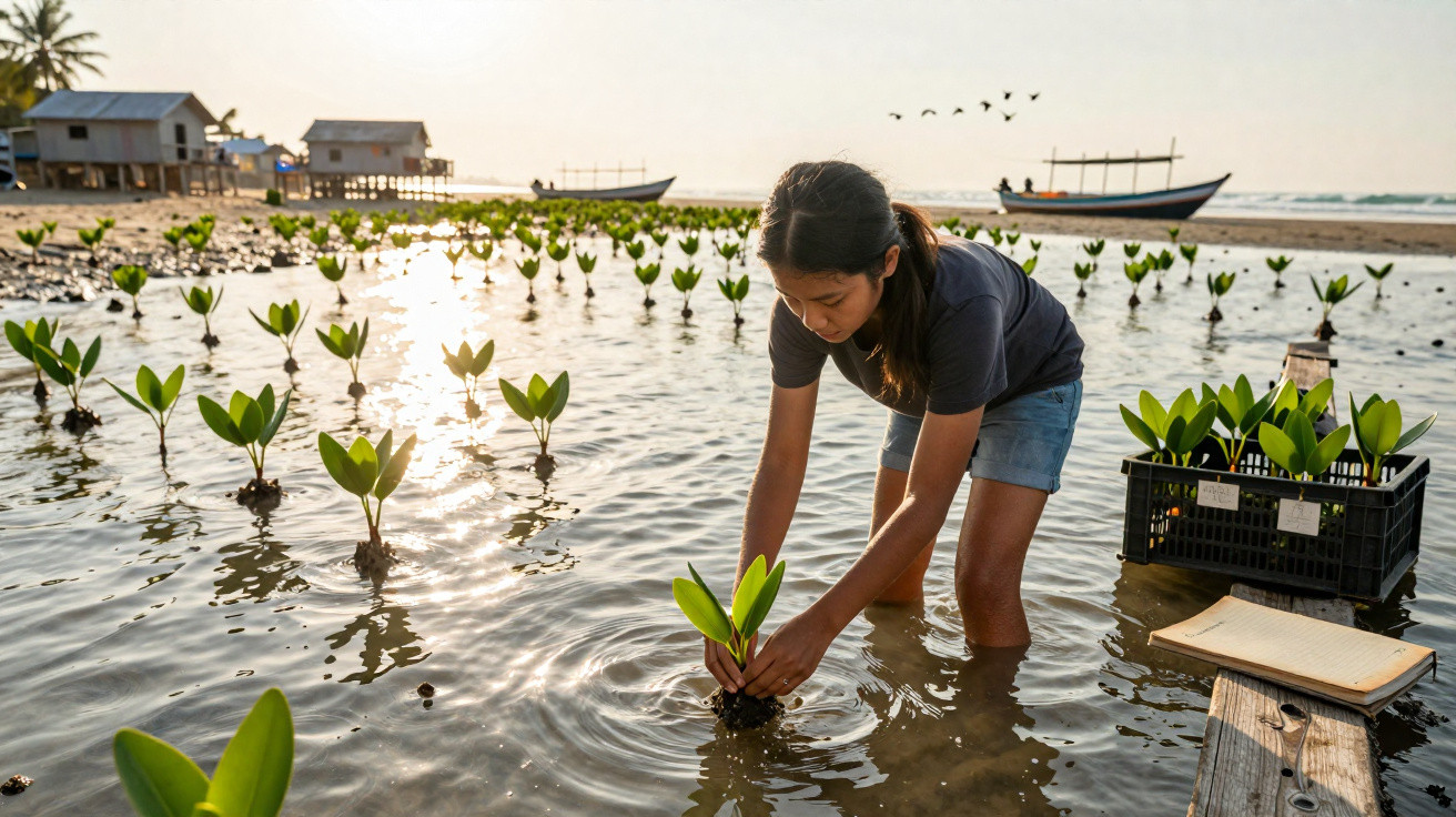 Young girl planting mangrove seedlings in shallow water near coastal village at sunset.