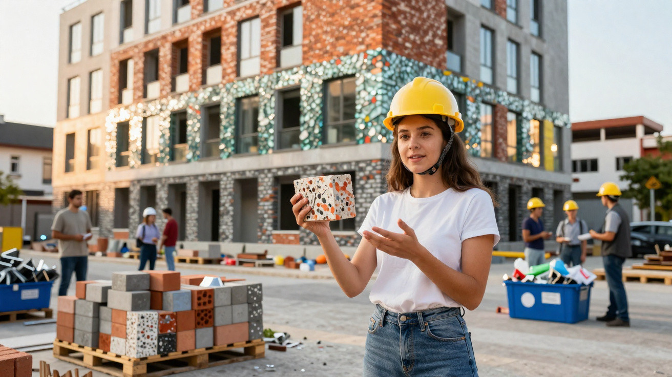 Young woman architect wearing a yellow hard hat holding a decorative brick on a construction site.