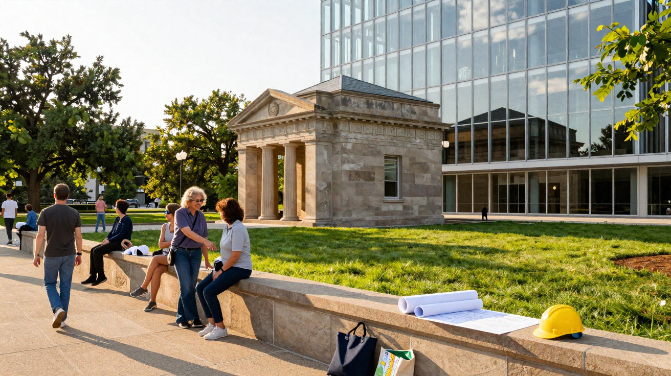 People socialising outdoors near a classical stone pavilion and modern glass building on a sunny day.