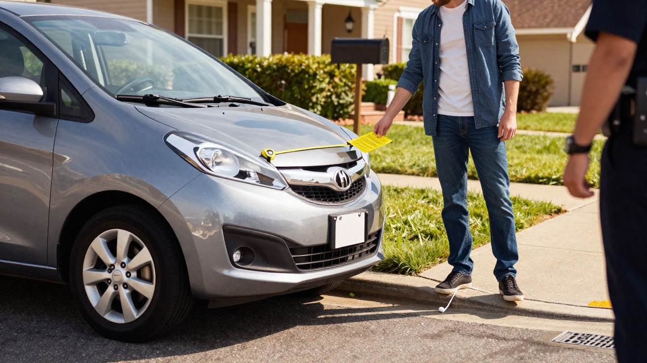 A man standing next to a silver car receiving a yellow parking ticket from an officer on a suburban street.