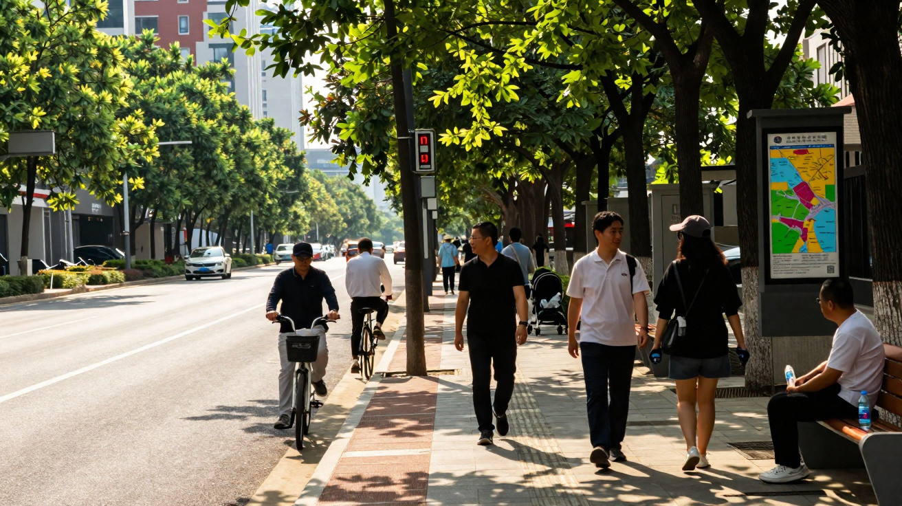 People walking and cycling on a sunny tree-lined city sidewalk next to a street with parked cars.