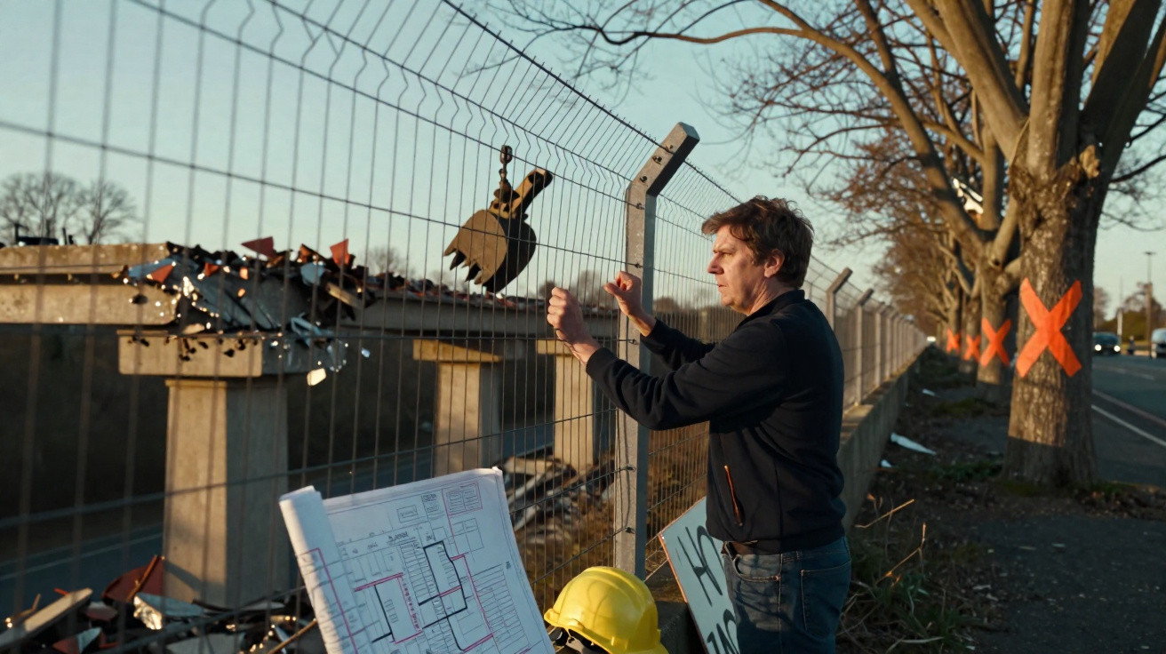 Man inspecting fence by construction site with blueprints and yellow hard hat on ground nearby, during sunset.