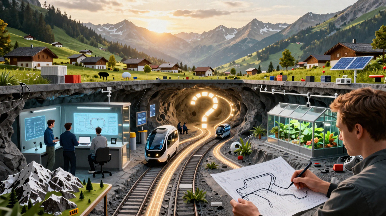 Futuristic underground railway in a mountain village with people planning and autonomous trains near a greenhouse.