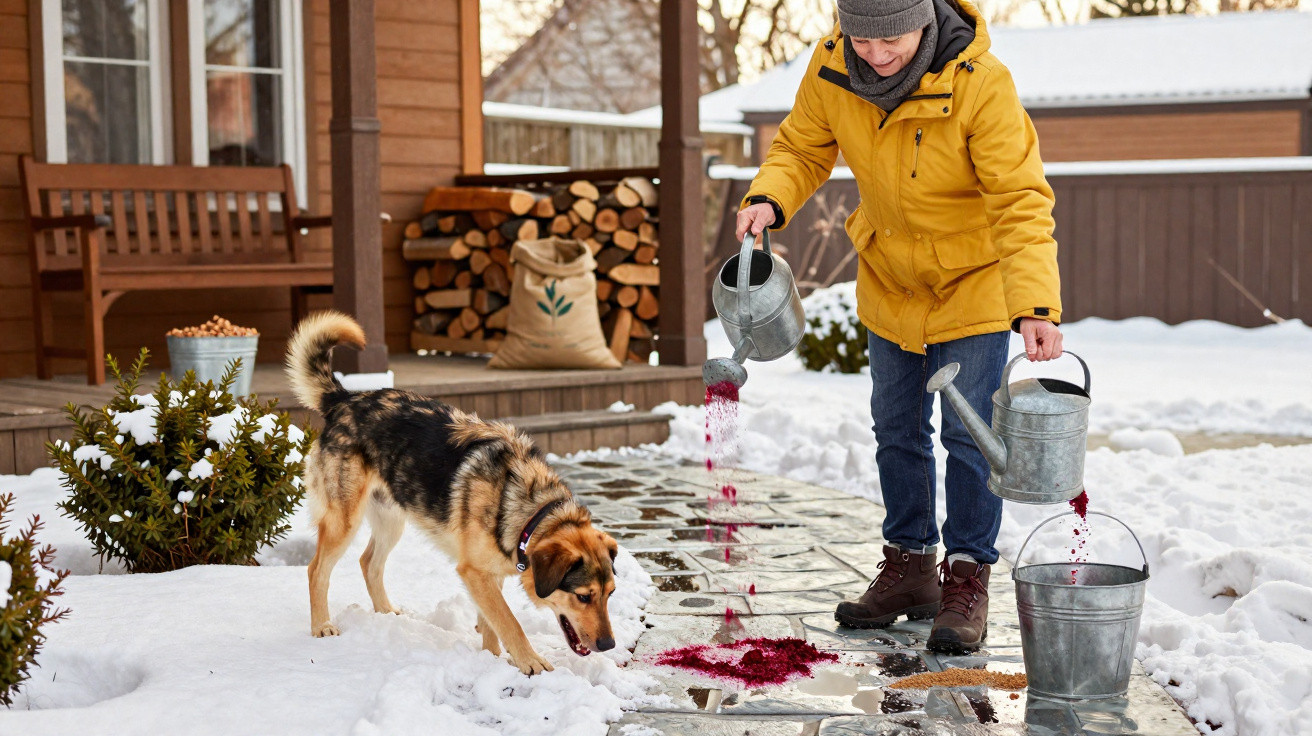 Person in yellow jacket spreading red salt on a snowy path while a dog sniffs nearby outside a wooden house.