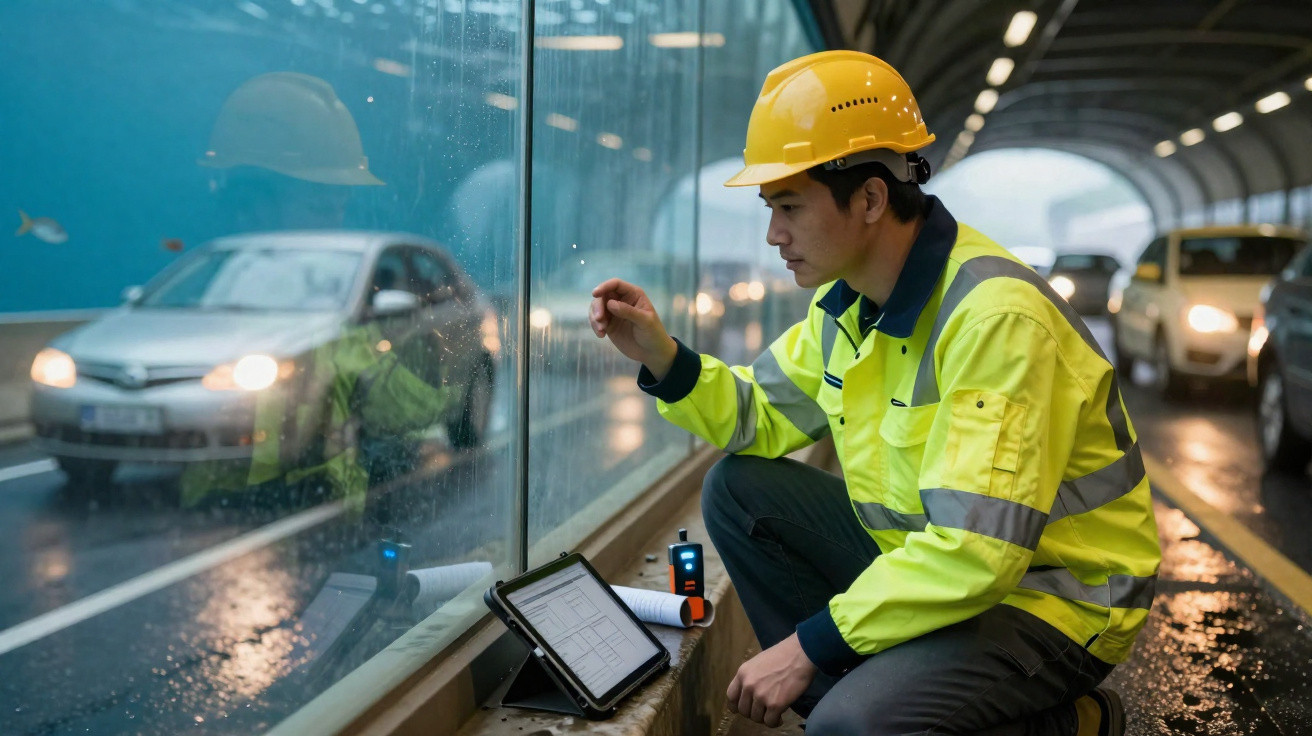Construction worker in high-visibility jacket and helmet inspecting a glass barrier on a rainy road tunnel.