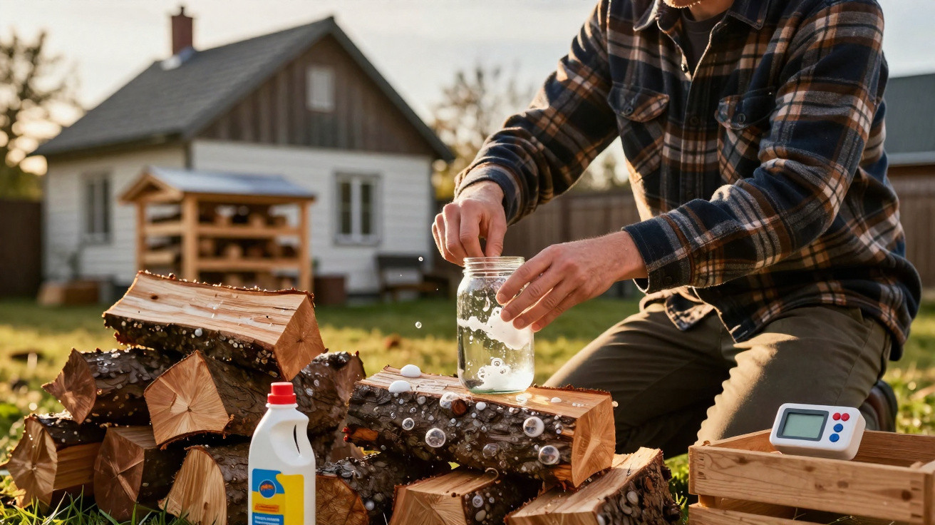 Person spraying clear liquid from a jar onto logs outside a house with a timer nearby.