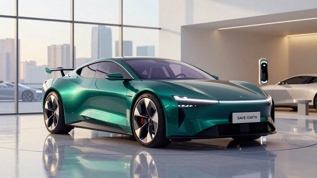 Sleek green electric sports car with modern design in a bright showroom featuring large windows and city skyline.