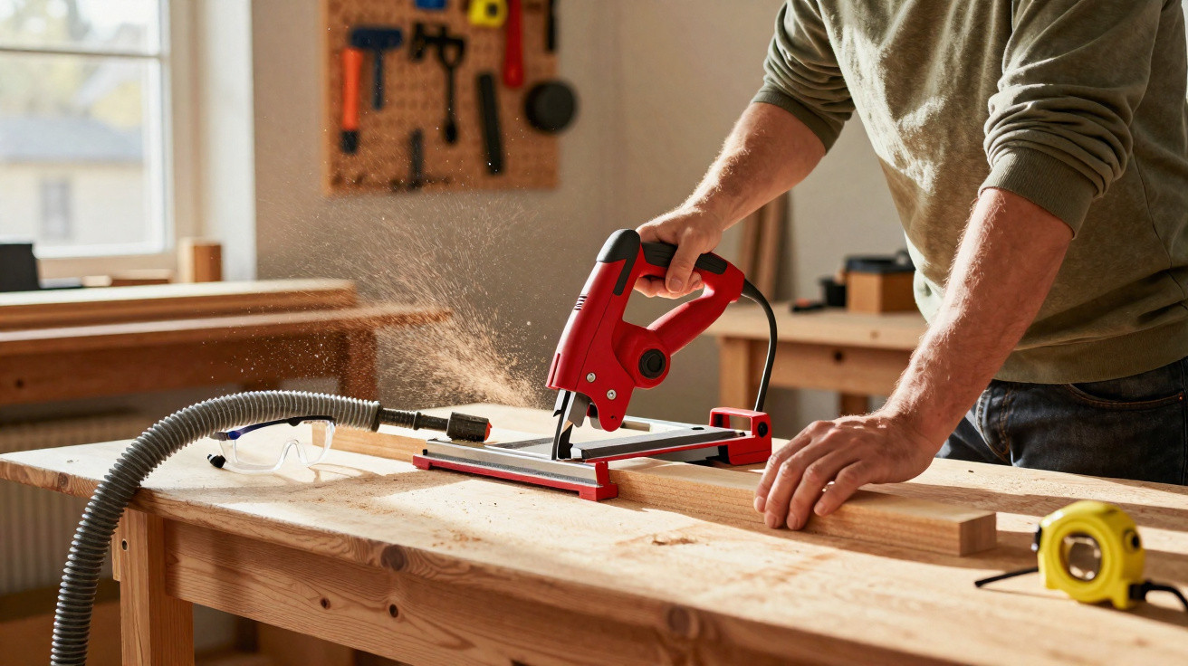 Person using a red handheld electric saw to cut wood on a workbench with sawdust flying in a workshop