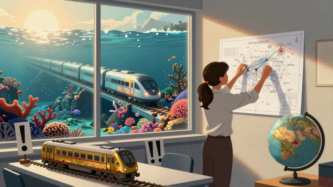 Woman drawing routes on map in office with underwater train and model train on desk beside globe