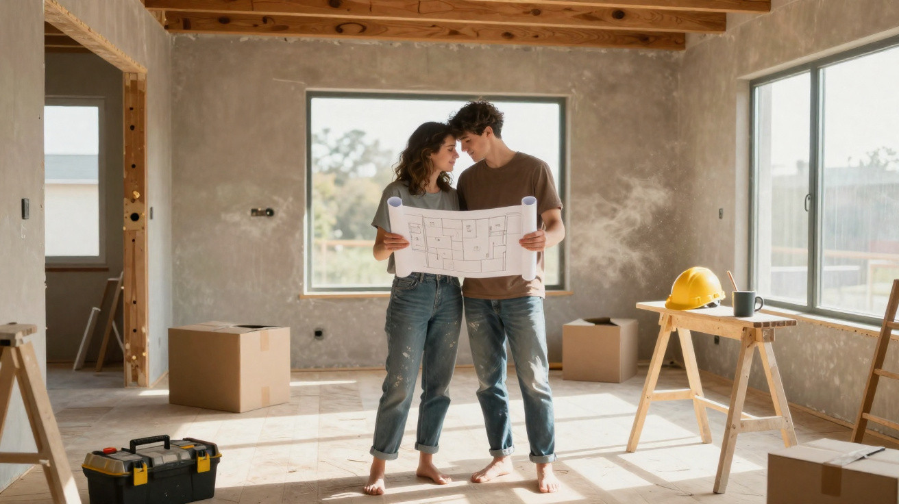 Couple standing barefoot in an unfinished room, holding architectural plans and smiling at each other.