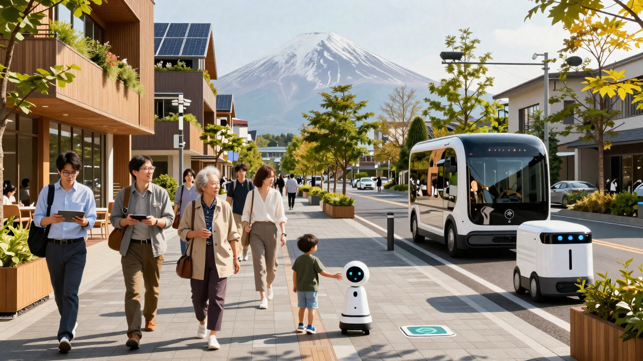 People walking in a modern street with autonomous vehicles and robots, with Mount Fuji visible in the background.