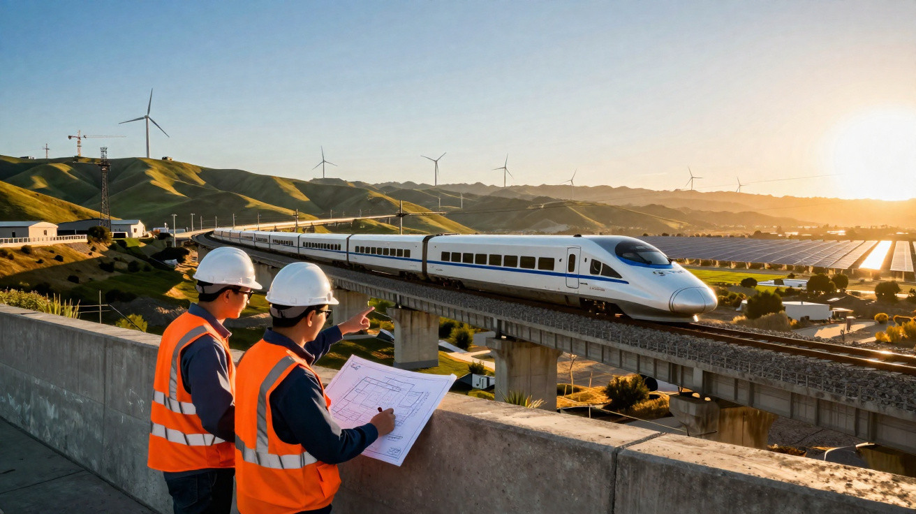 Two engineers in high-visibility vests and helmets inspecting a high-speed train on an elevated track at sunset.
