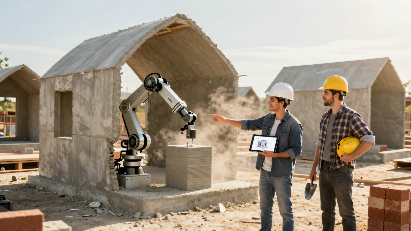 Two construction workers in hard hats observe a robotic arm 3D printing a small concrete house structure outdoors.