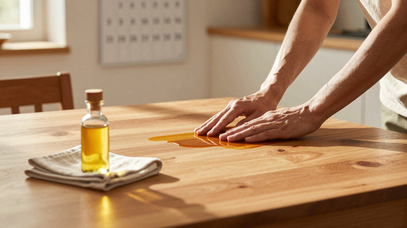 Person wiping up a spill of cooking oil from a wooden dining table in a bright kitchen.