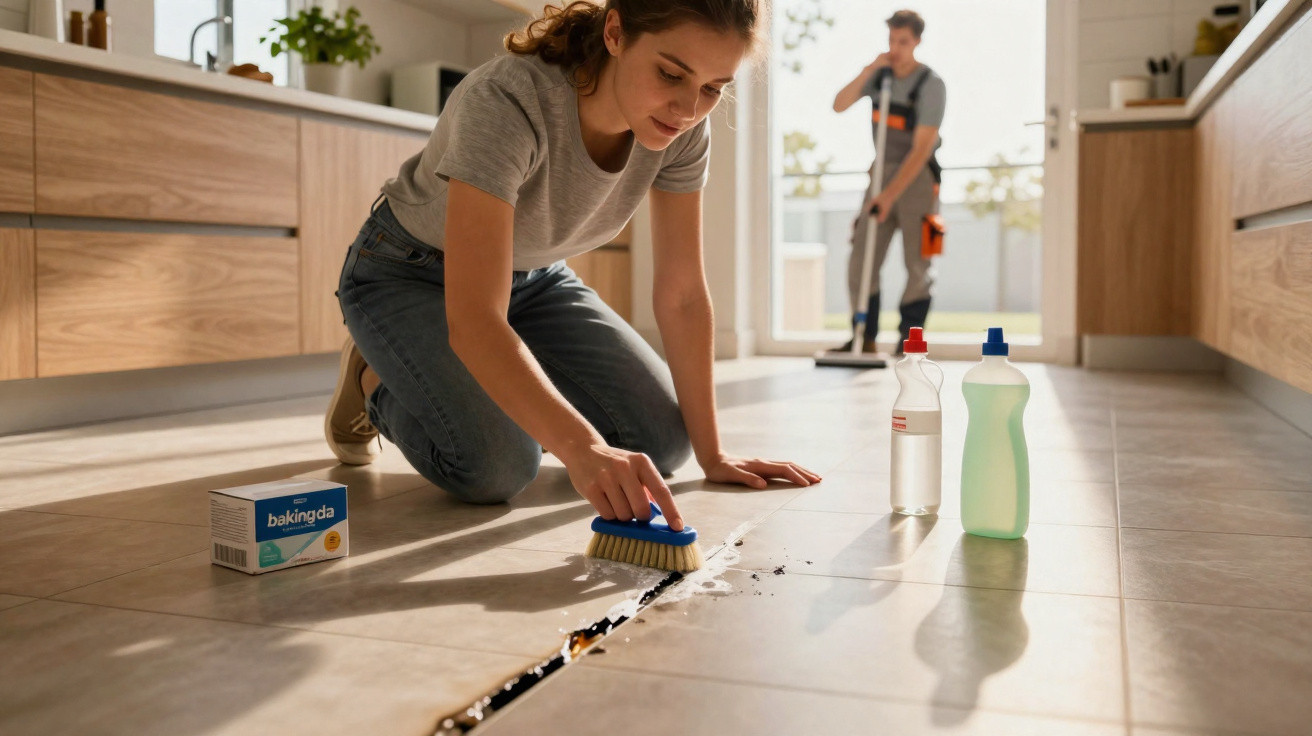 Woman kneeling and scrubbing grime from tiled floor grout with cleaning brush while man mops in background.