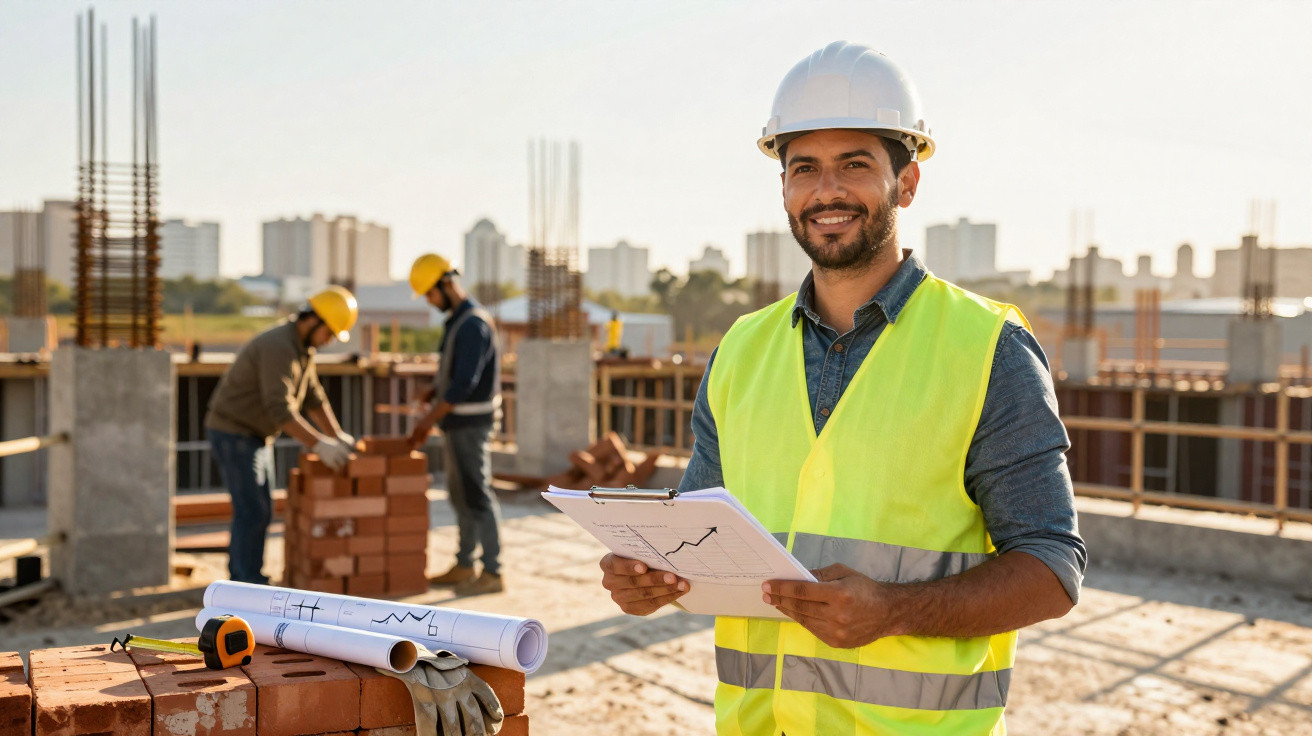 Construction site manager in a high-visibility vest and helmet holding plans with workers building in the background.
