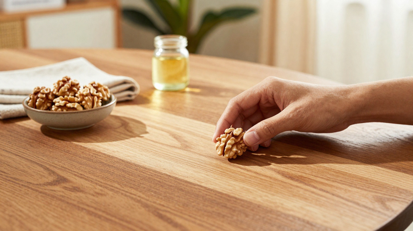 Hand holding a walnut over a wooden table beside a bowl of walnuts and a small jar of honey.