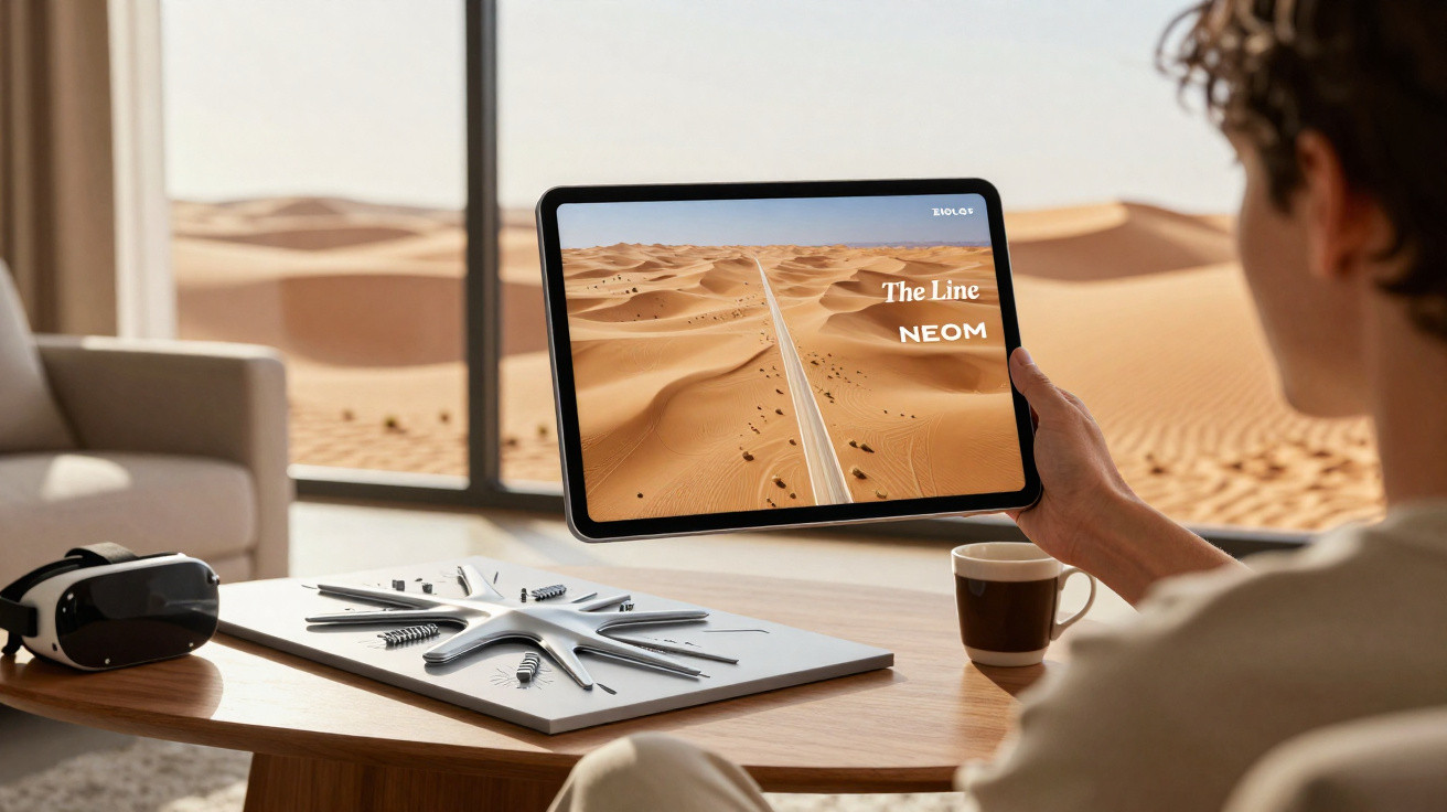 Person holding tablet showing NEOM The Line project with desert background through window.