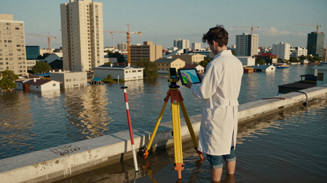 Scientist in a white coat using surveying equipment on a flooded city street with submerged buildings.