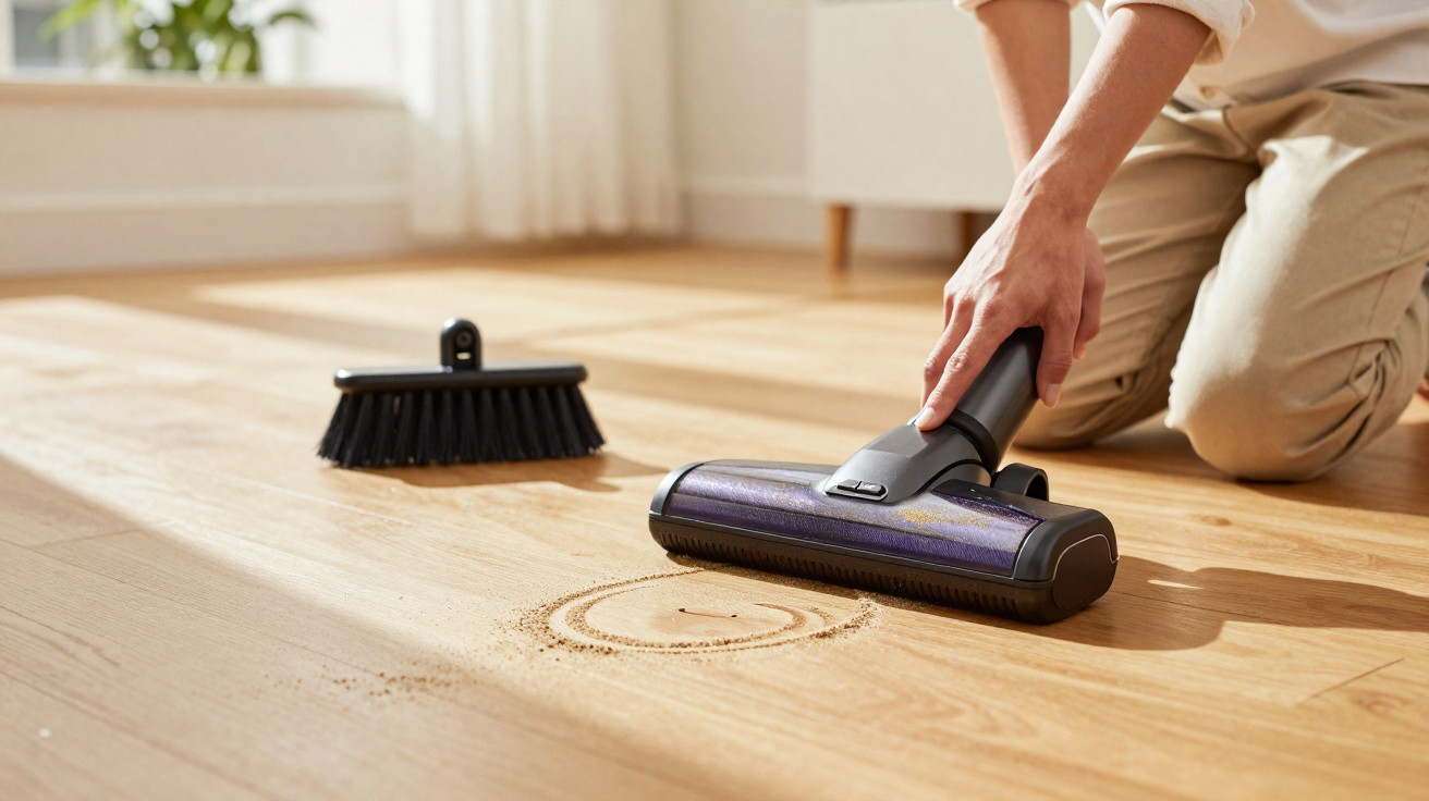 Person using a cordless vacuum cleaner on light wooden floor with a small broom in the background