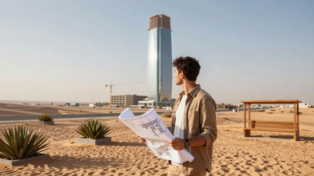 Man holding building plans in desert, looking at tall glass skyscraper under construction.