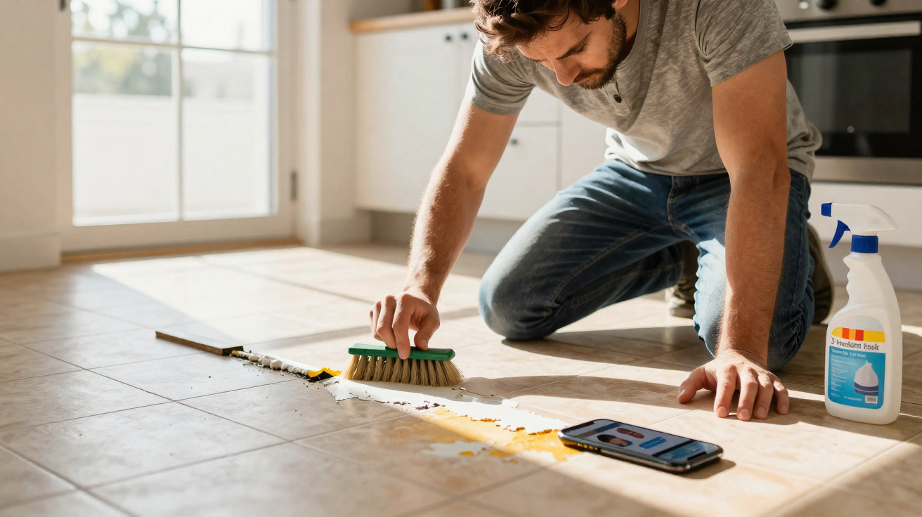 Man scrubbing grout lines on kitchen floor tiles with a brush and cleaning spray bottle nearby.