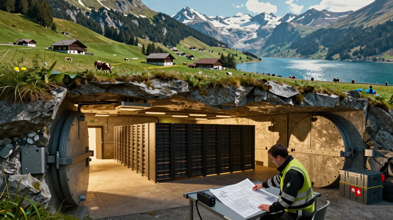 Man reviewing blueprints outside a secure underground data centre in a scenic mountainous meadow.