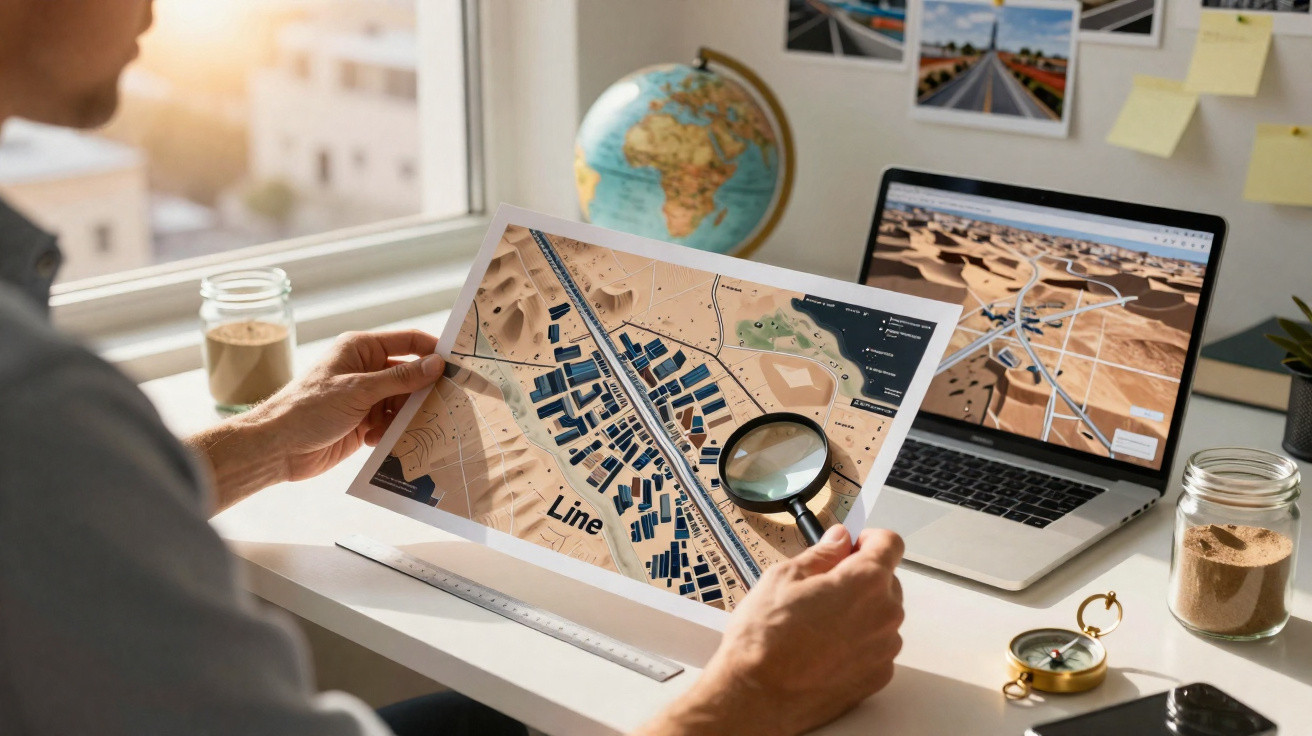 Person examining a detailed map with magnifying glass, laptop showing 3D map, globe and compass on desk.