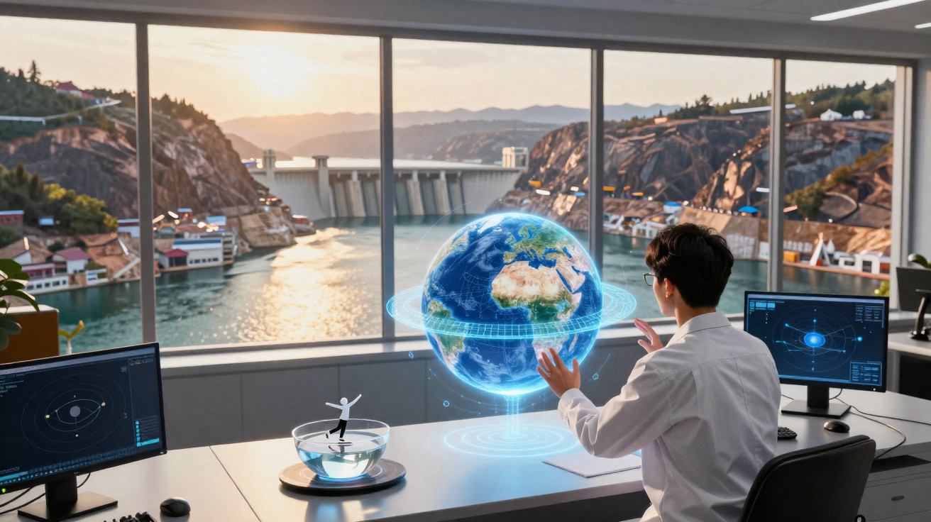 Scientist interacting with a holographic Earth model in an office overlooking a dam and river at sunset.