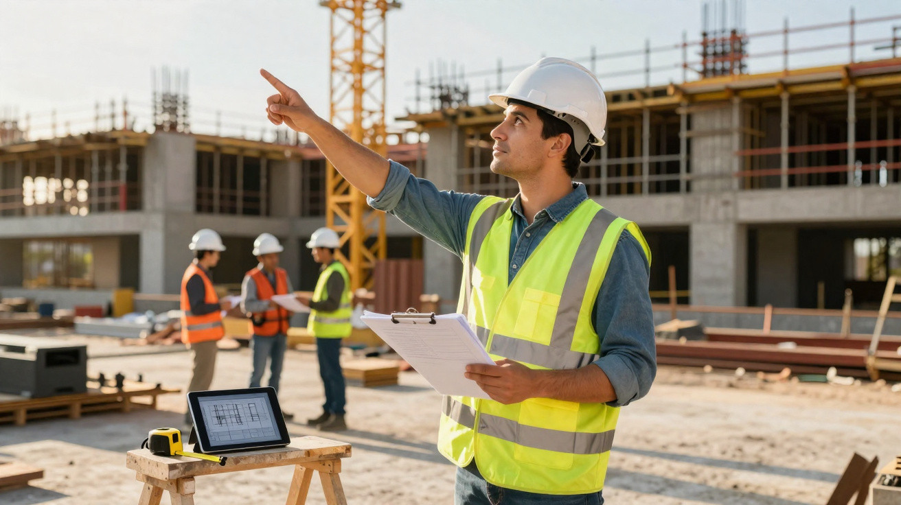 Construction worker wearing a hard hat and hi-vis vest pointing, holding clipboard at a building site.