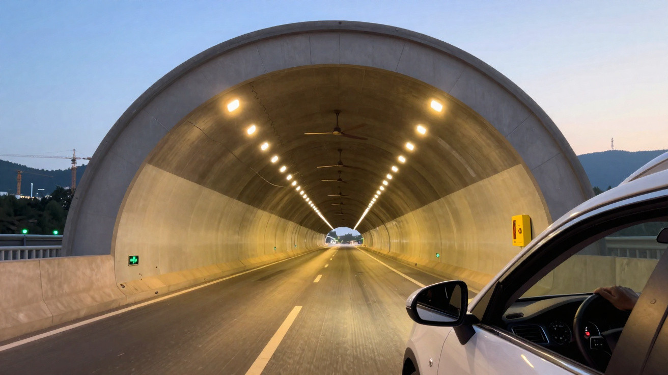 Car approaching a well-lit, curved road tunnel at dusk with mountains in the background.