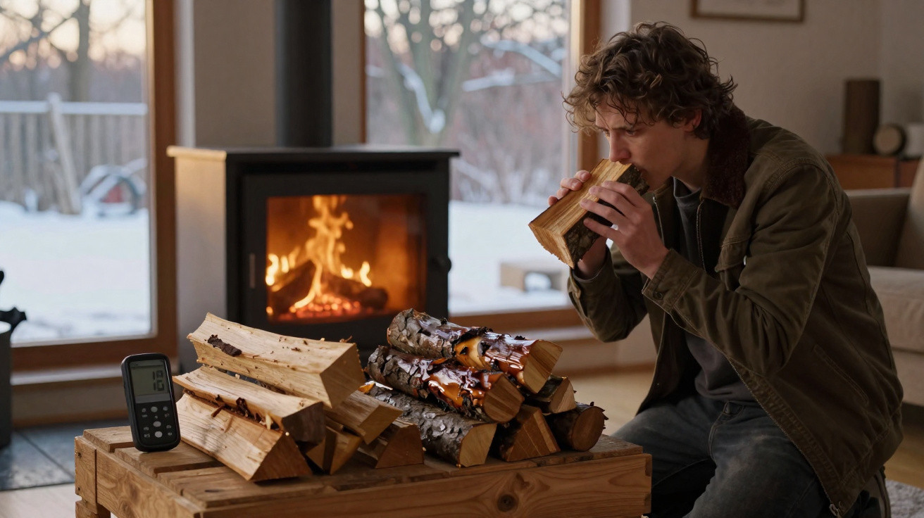 Man blowing on firewood beside a burning wood stove in a cosy room with snowy windows.