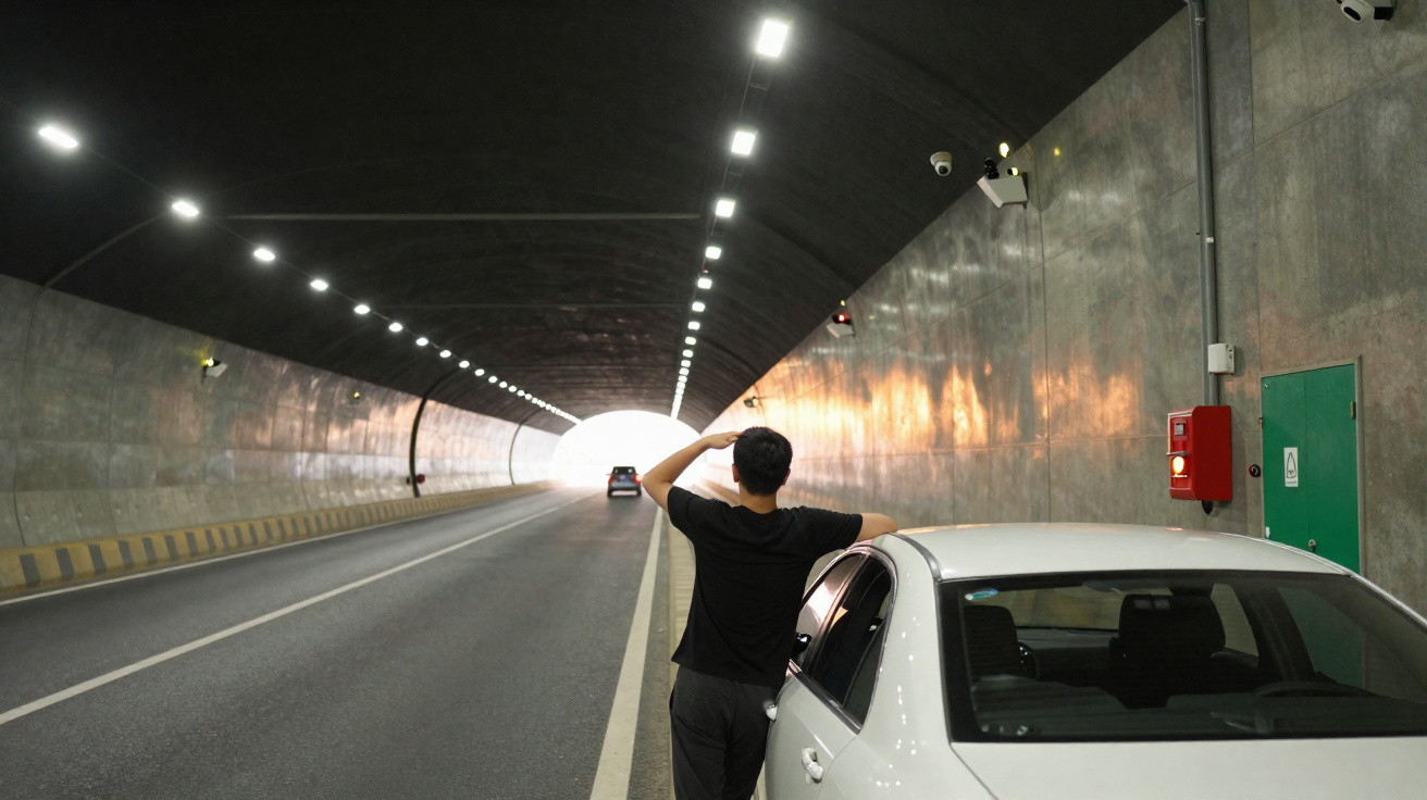 Man standing beside white car inside a lit road tunnel looking towards approaching car in the distance.