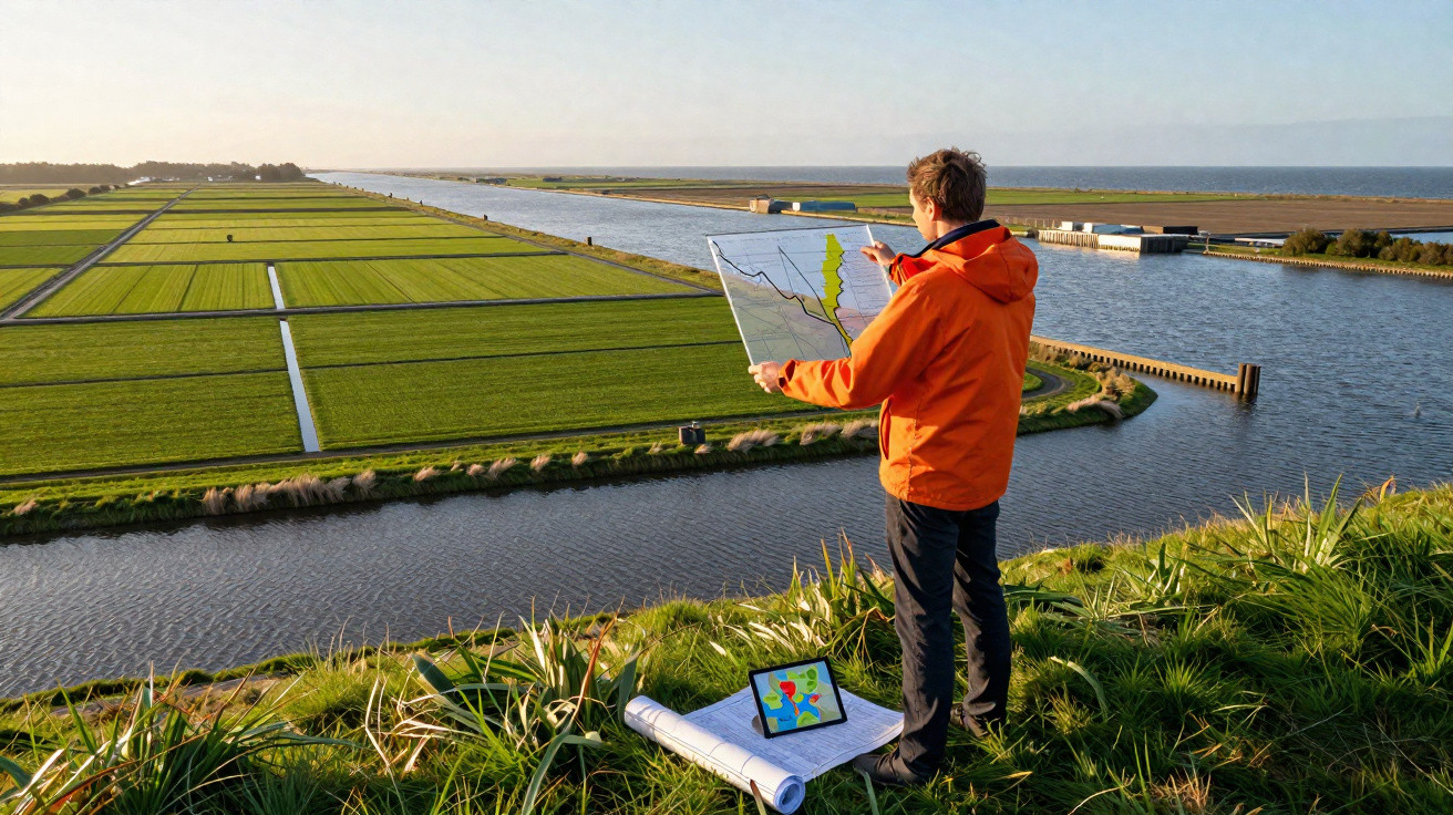 Man in orange jacket holding a map on grassy hill overlooking canal and farmland at sunset.