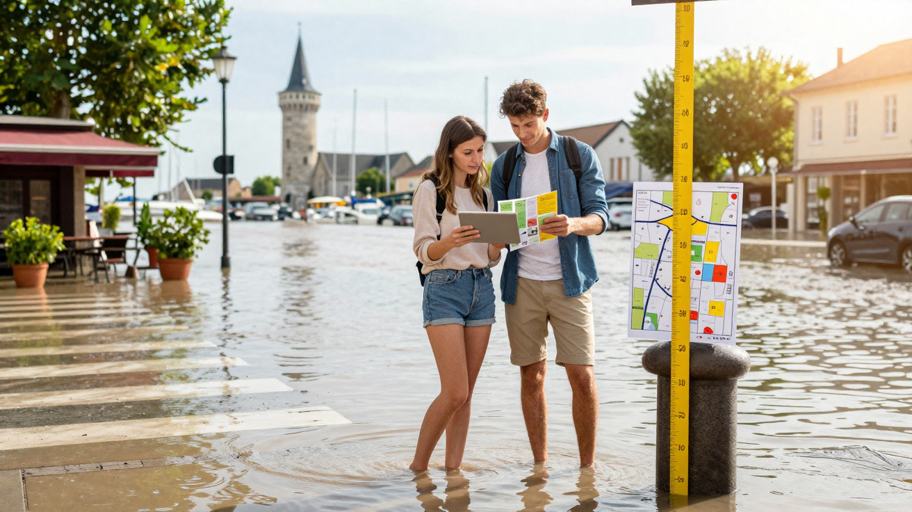 Young couple standing in waist-high floodwater reading maps in a flooded town square with medieval tower in background.
