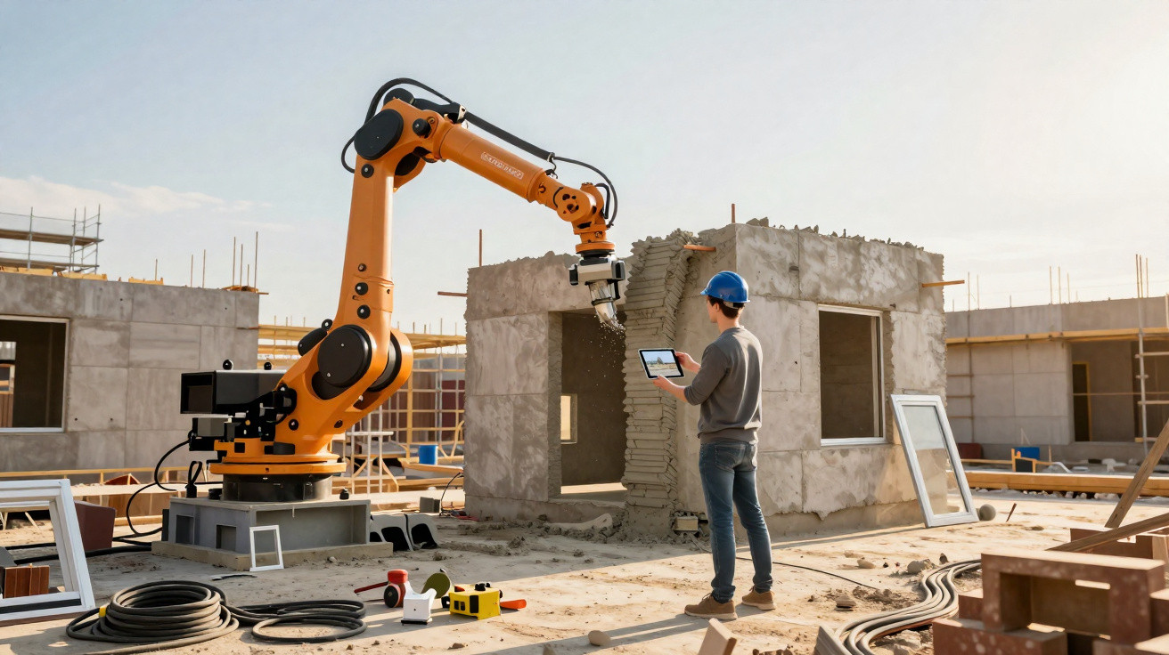 Construction worker using tablet to control robotic arm building a concrete house on site.