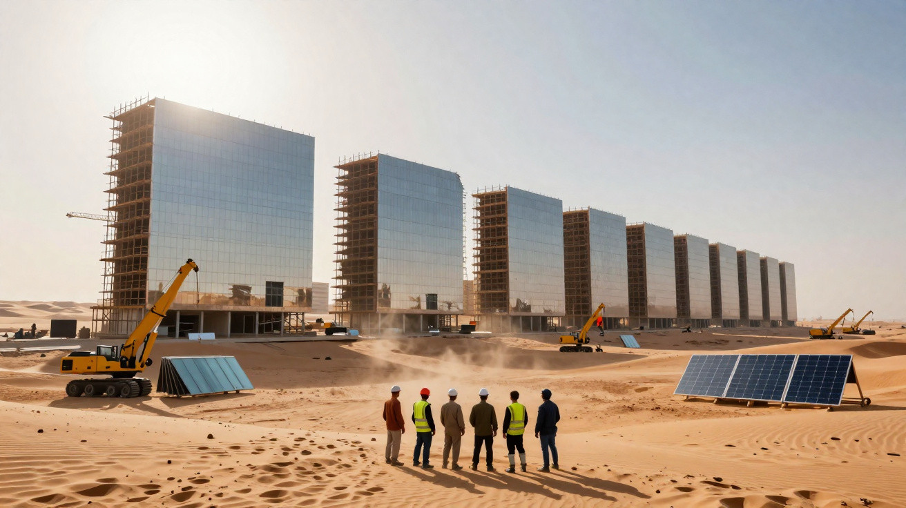 Engineers in desert near solar panels and large reflective building towers under construction.