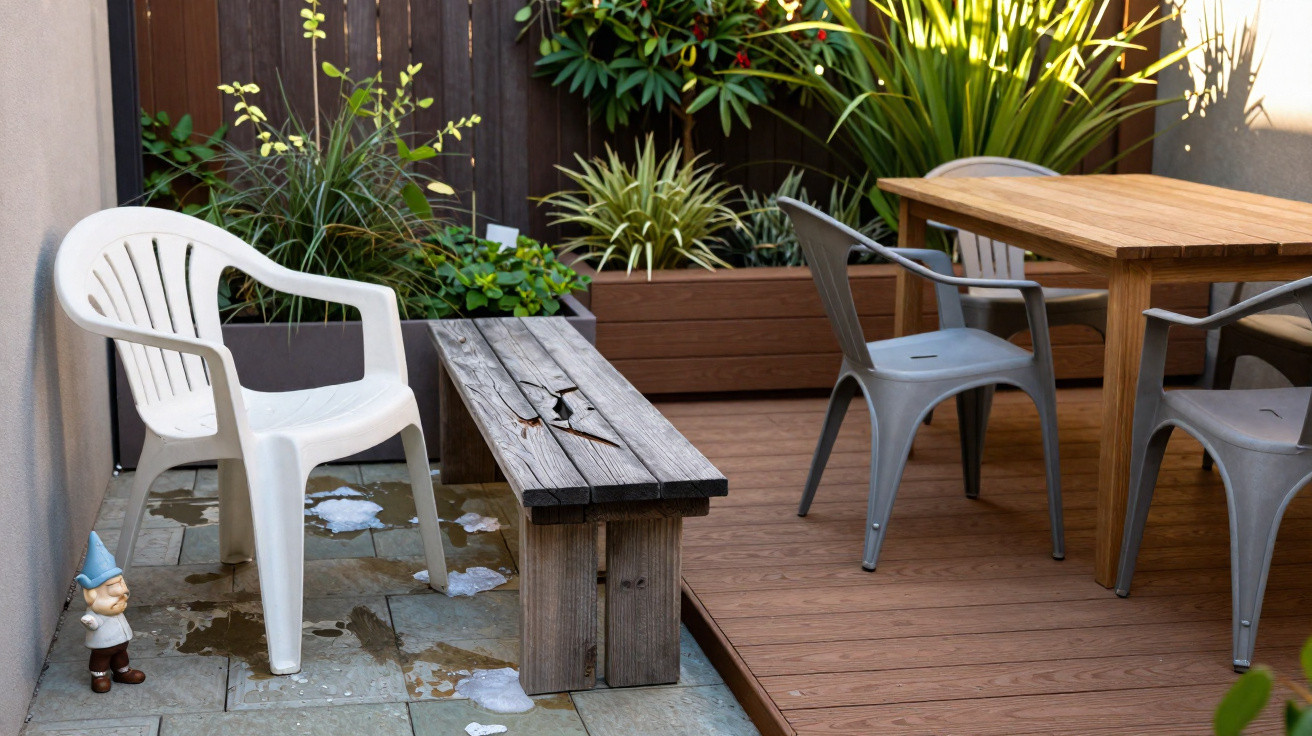 Small garden patio with white plastic chair, wooden bench, metal chairs, wooden table, plants, and garden gnome.