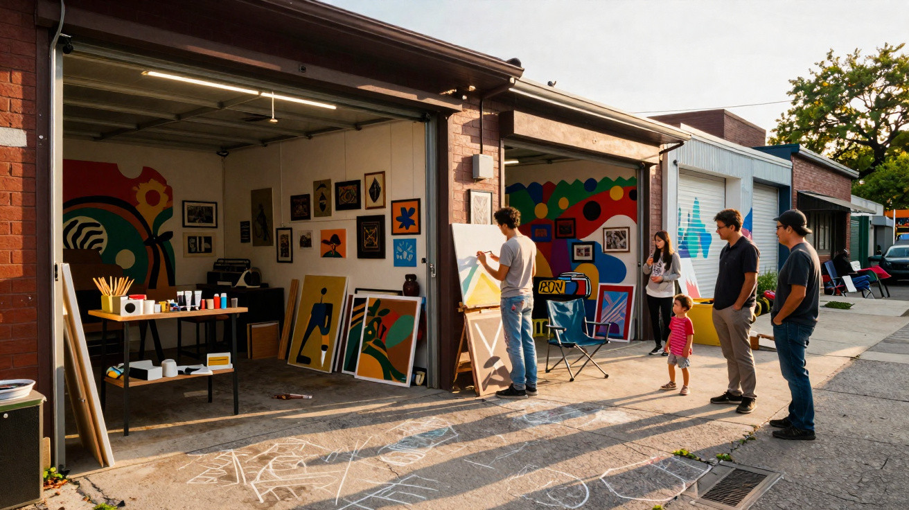 People viewing an artist painting outside an open garage with colourful artwork and chalk drawings on the pavement.